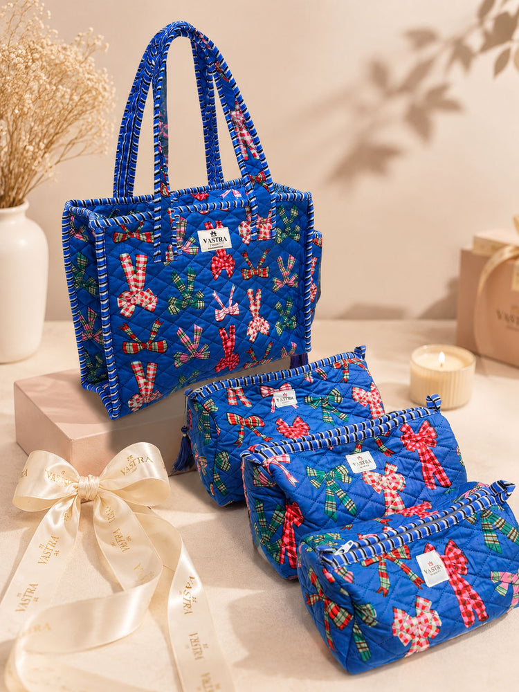 Small Blue Bow Tote Bag And Pouch Combo 