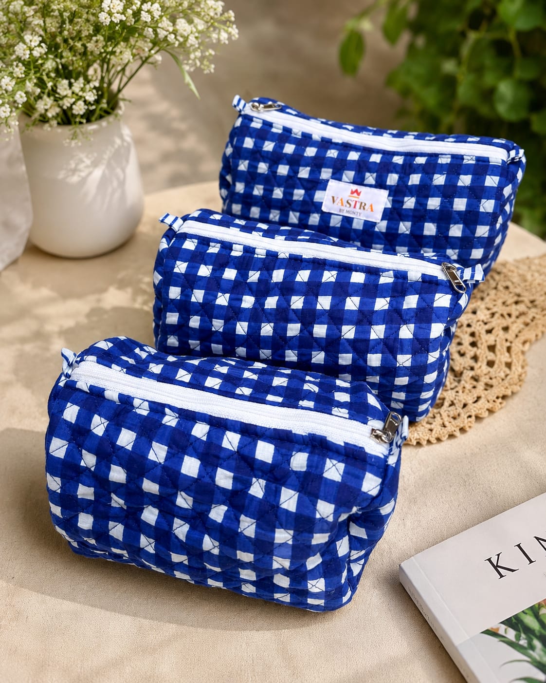 Blue Checked Cotton Quilted Pouch