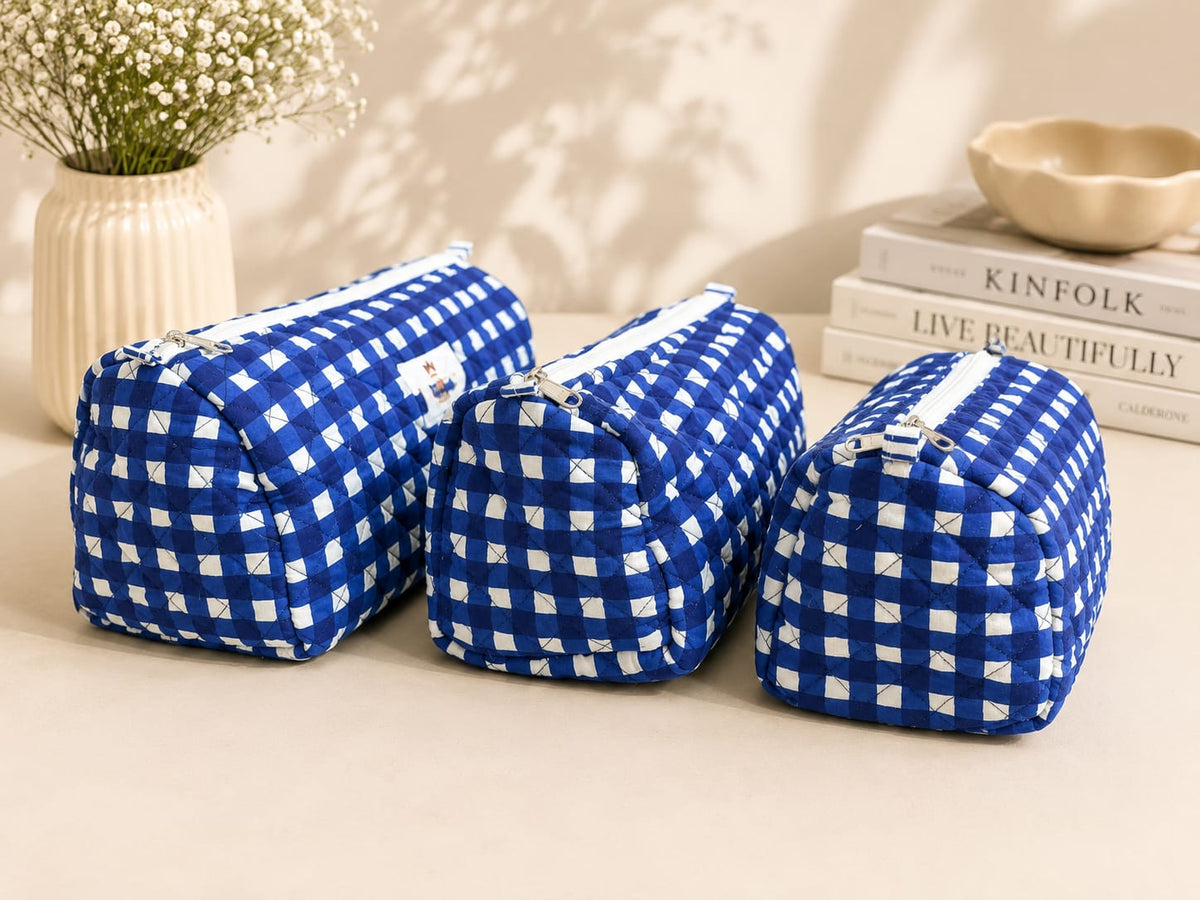 Blue Checked Cotton Quilted Pouch