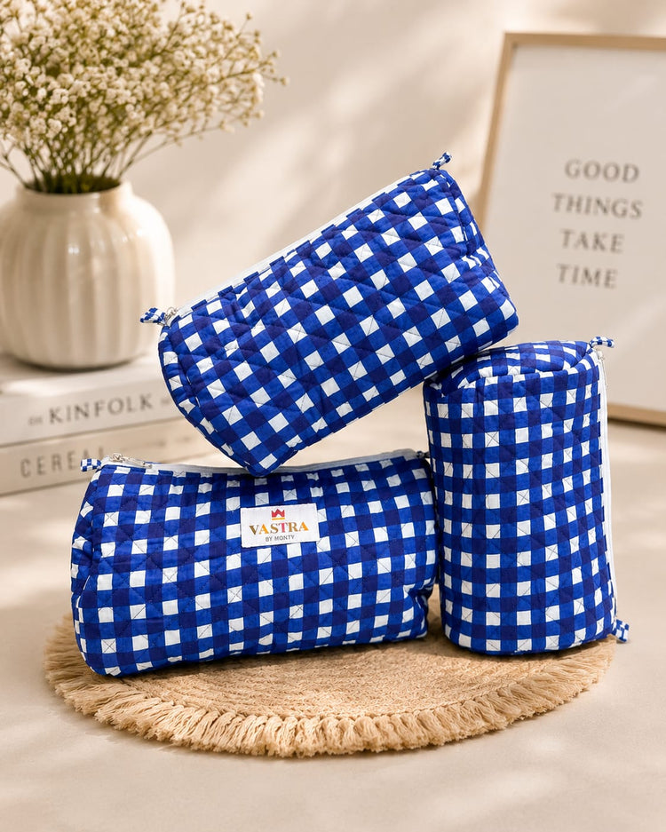 Blue Checked Cotton Quilted Pouch