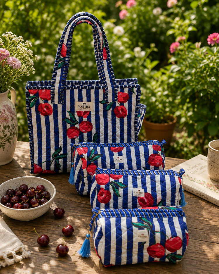 Small Blue-Cherry Tote Bag And Pouch Combo