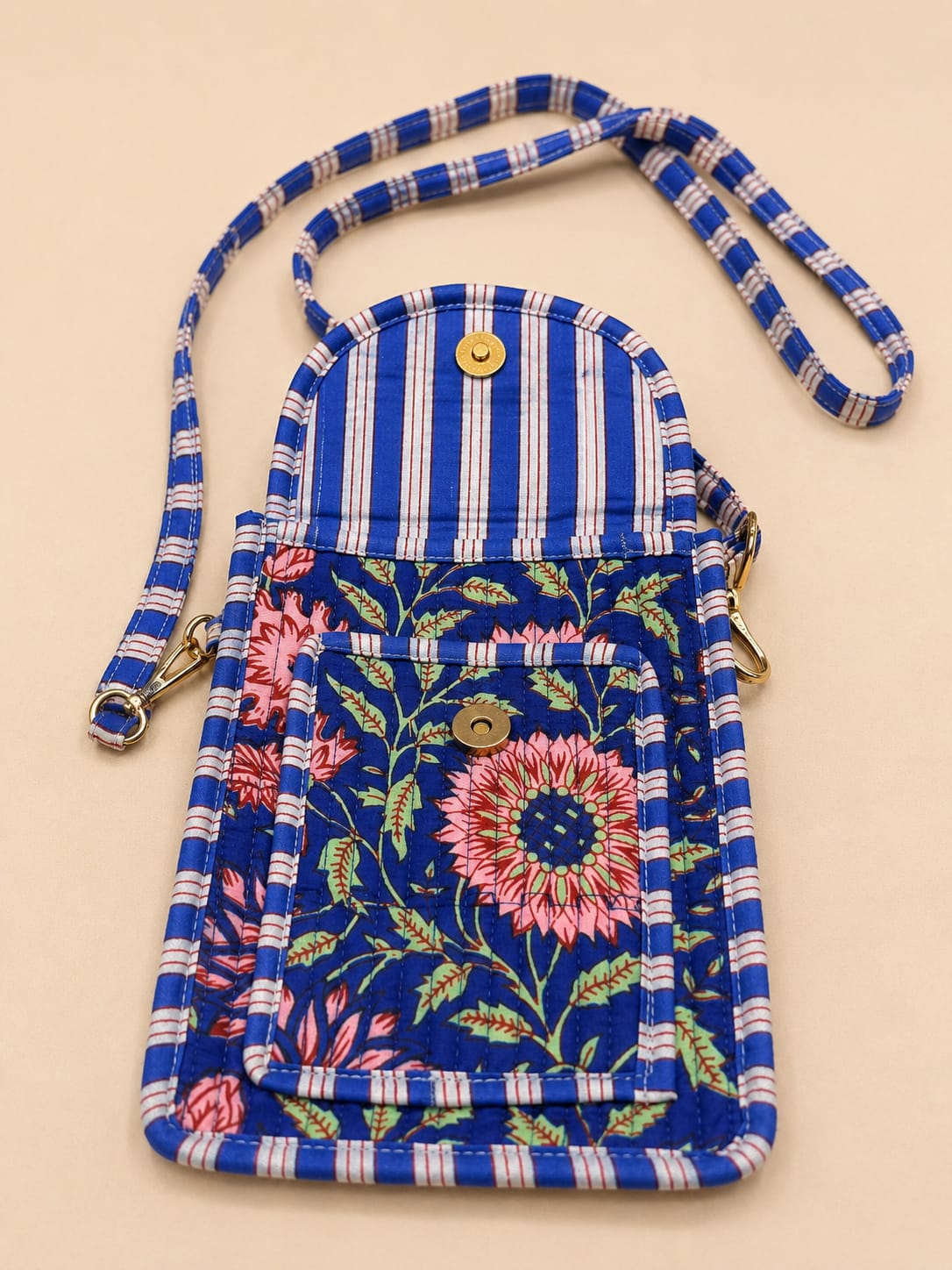 Blue Floral Handblocked Cotton Quilted Cross Shoulder Sling Bag