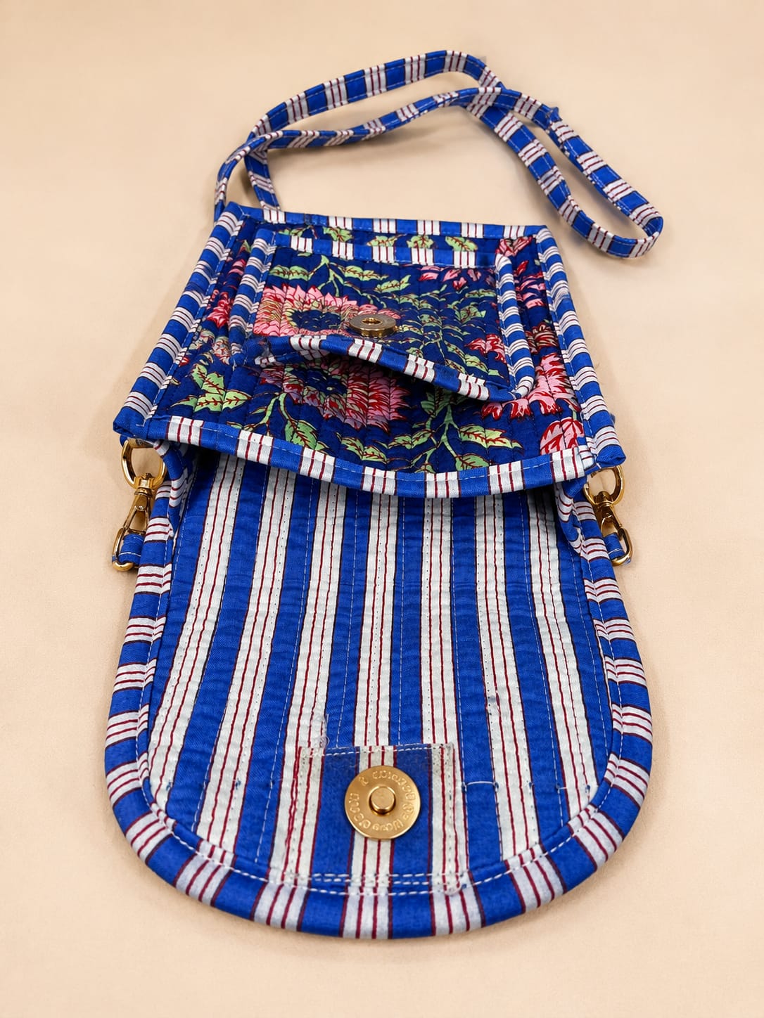 Blue Floral Handblocked Cotton Quilted Cross Shoulder Sling Bag