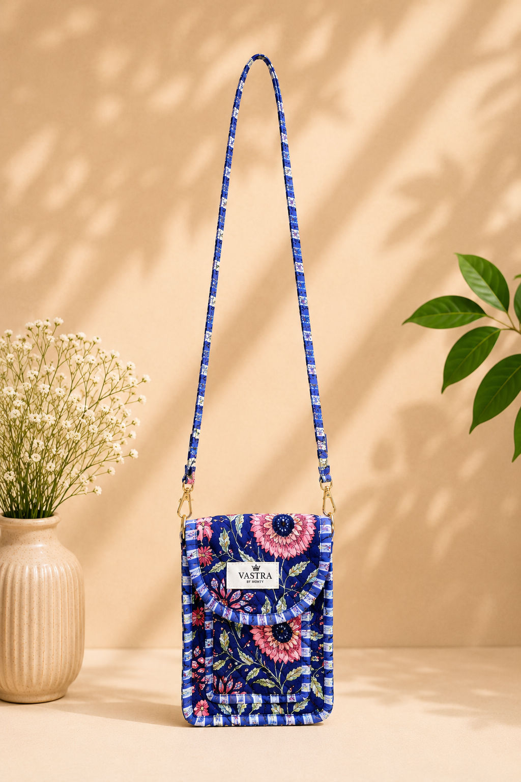 Blue Floral Handblocked Cotton Quilted Cross Shoulder Sling Bag