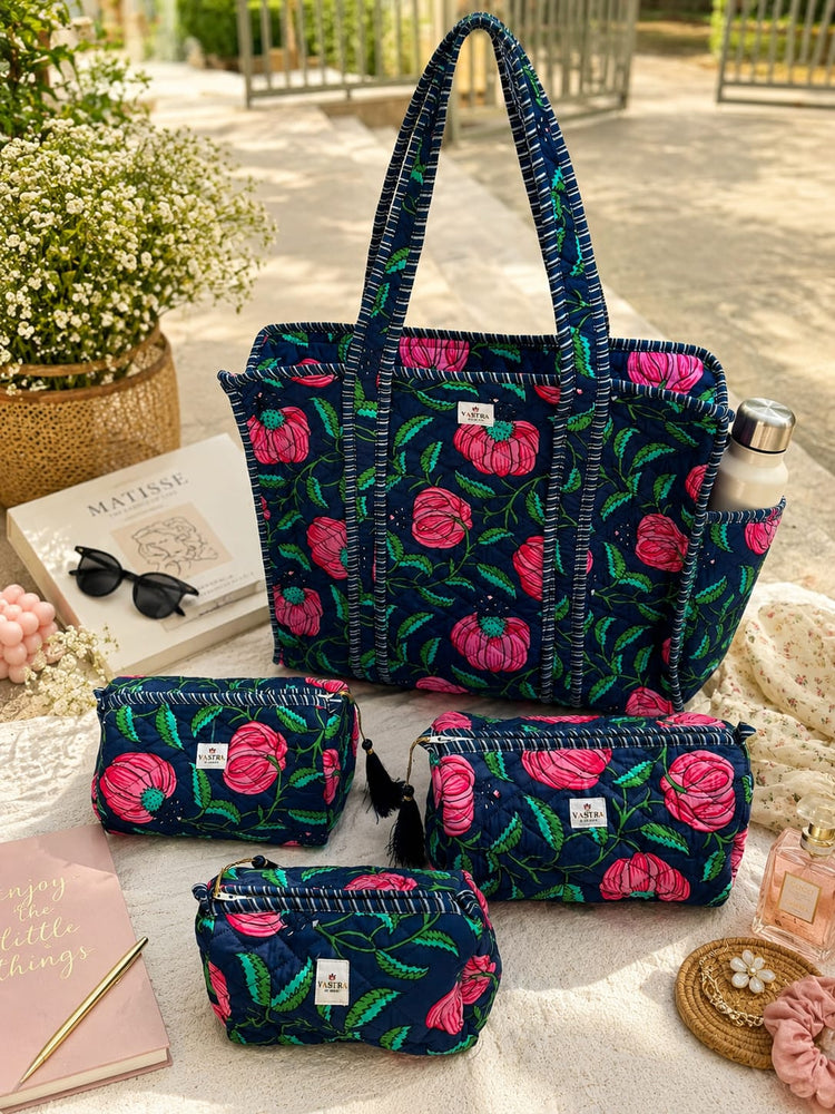 Medium  Blue Floral Tote And Pouch Combo