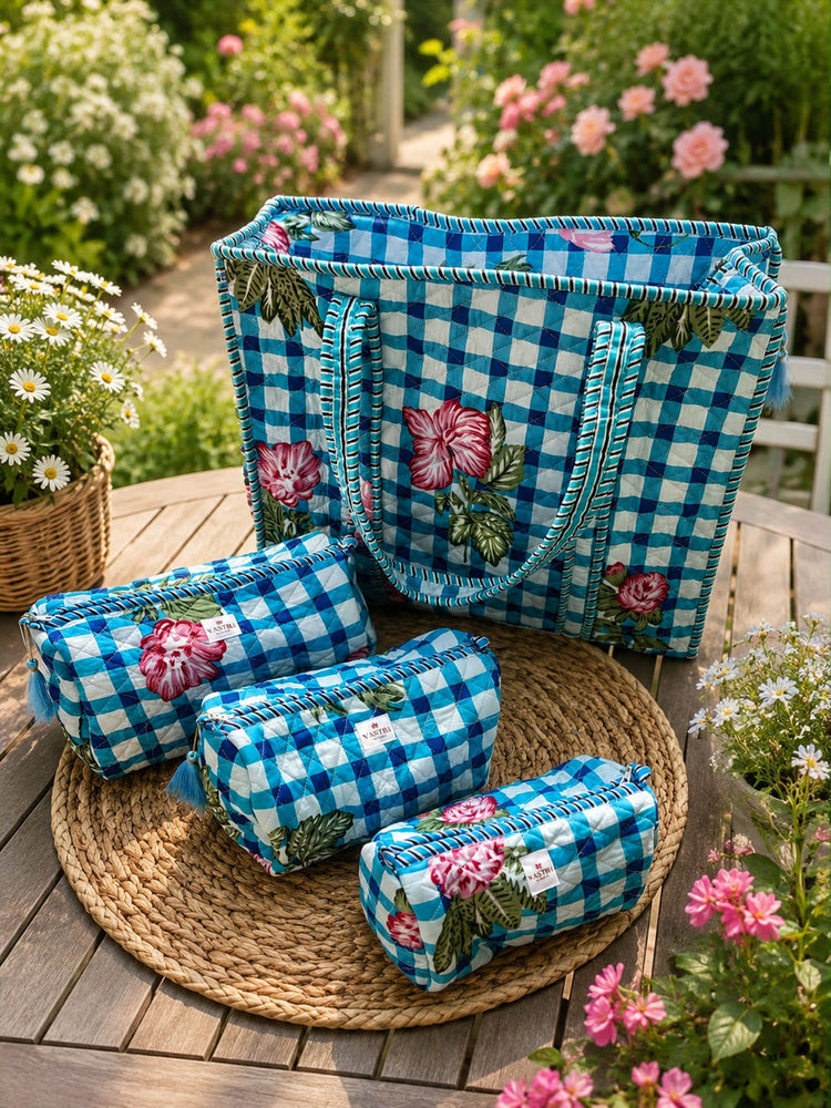 Medium Blue Gingham Floral Cotton Tote And Pouch Combo