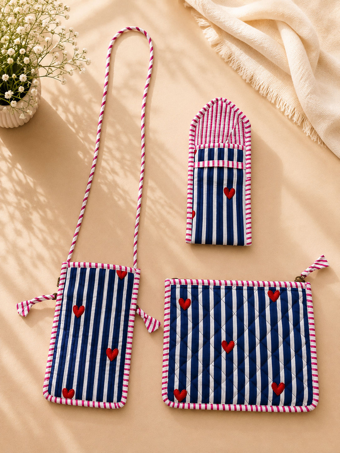 Blue Heart Stripes Sling, Sunglass Case & Flat Pouch Combo