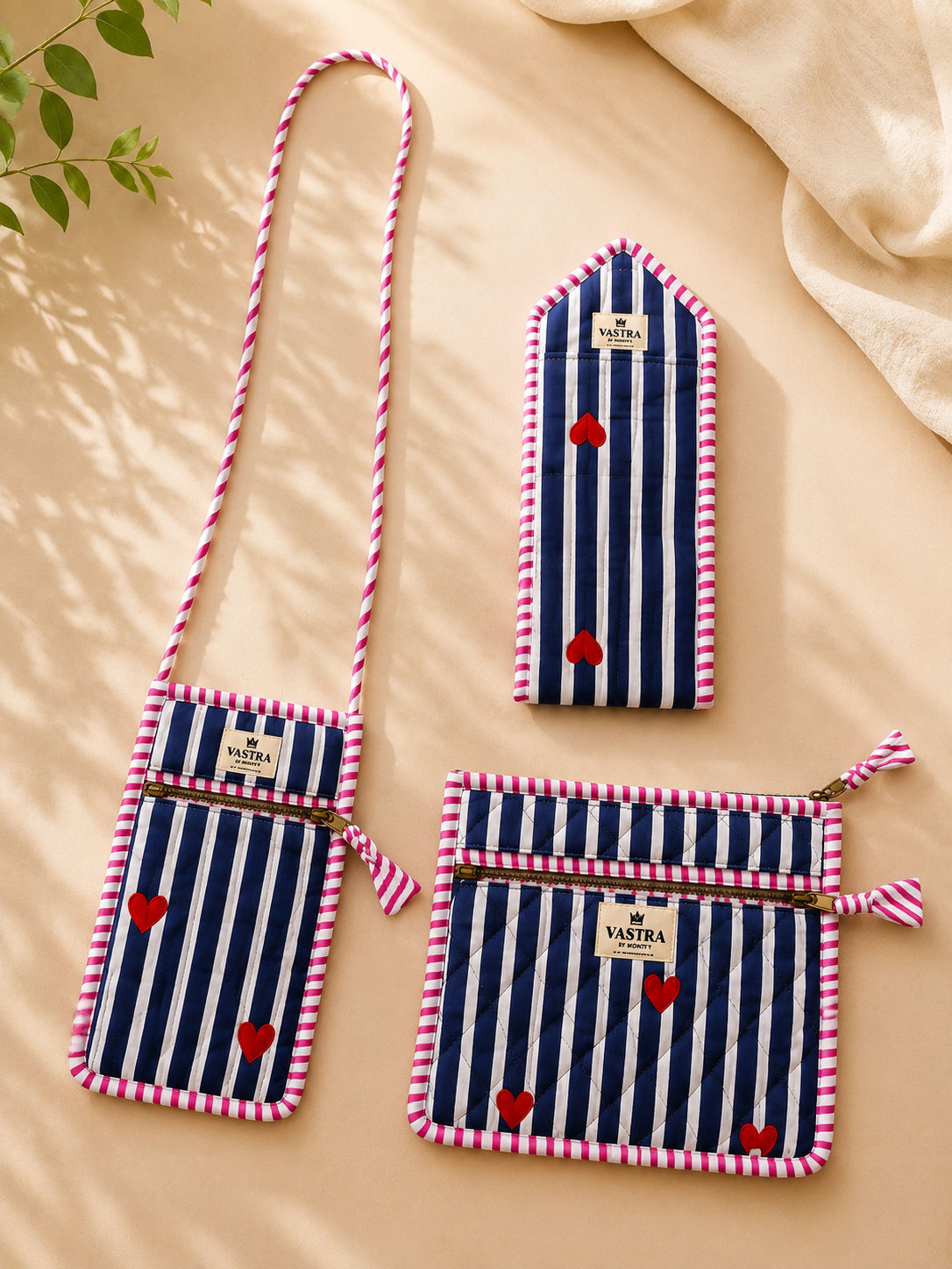 Blue Heart Stripes Sling, Sunglass Case & Flat Pouch Combo