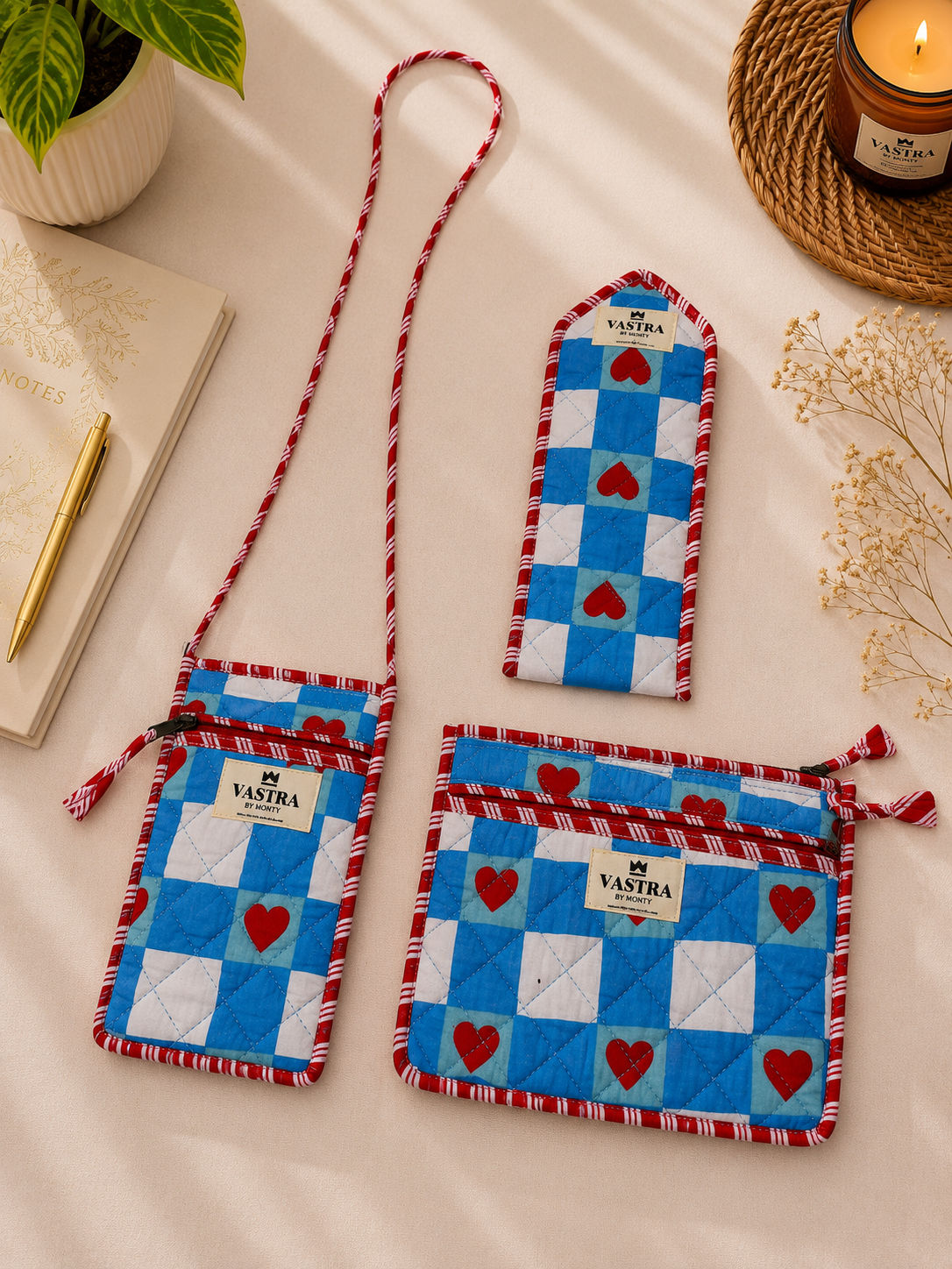 Blue & White Checkered Heart Sling, Sunglass Case & Flat Pouch Combo