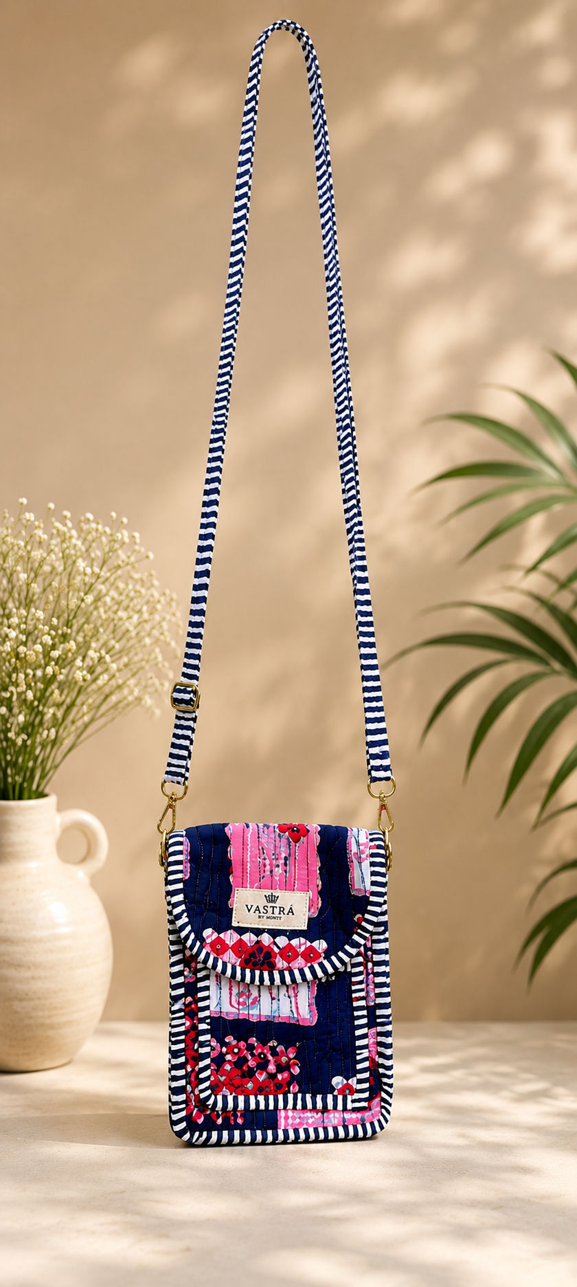 Cherry Bow Handblocked Cotton Quilted Cross Shoulder Sling Bag