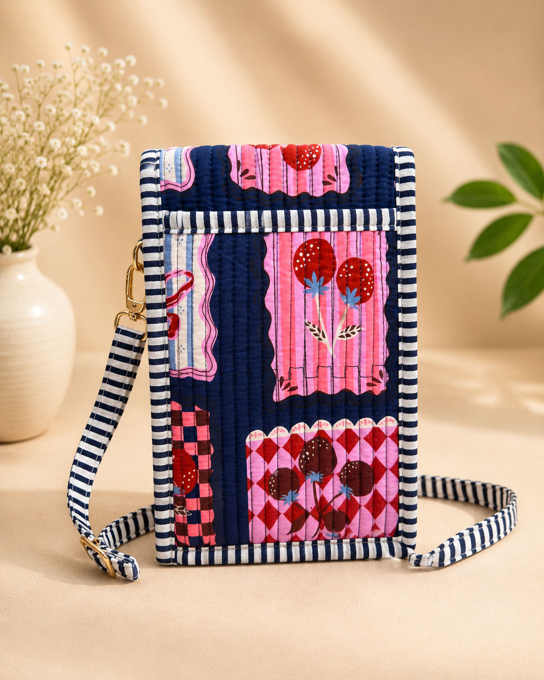 Cherry Bow Handblocked Cotton Quilted Cross Shoulder Sling Bag