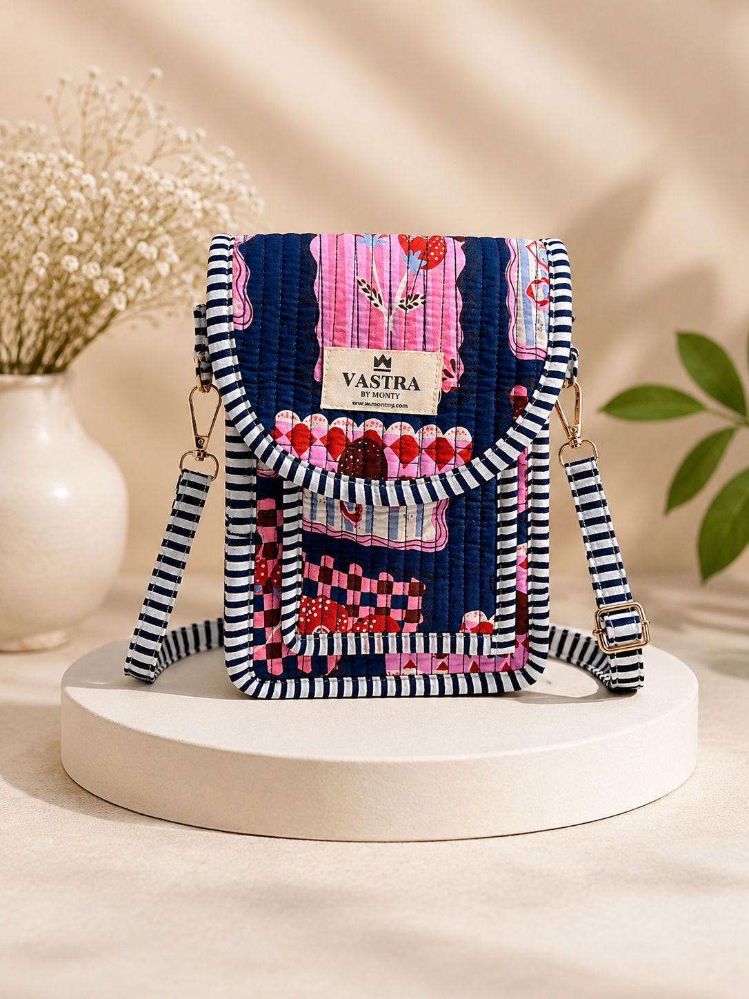 Cherry Bow Handblocked Cotton Quilted Cross Shoulder Sling Bag