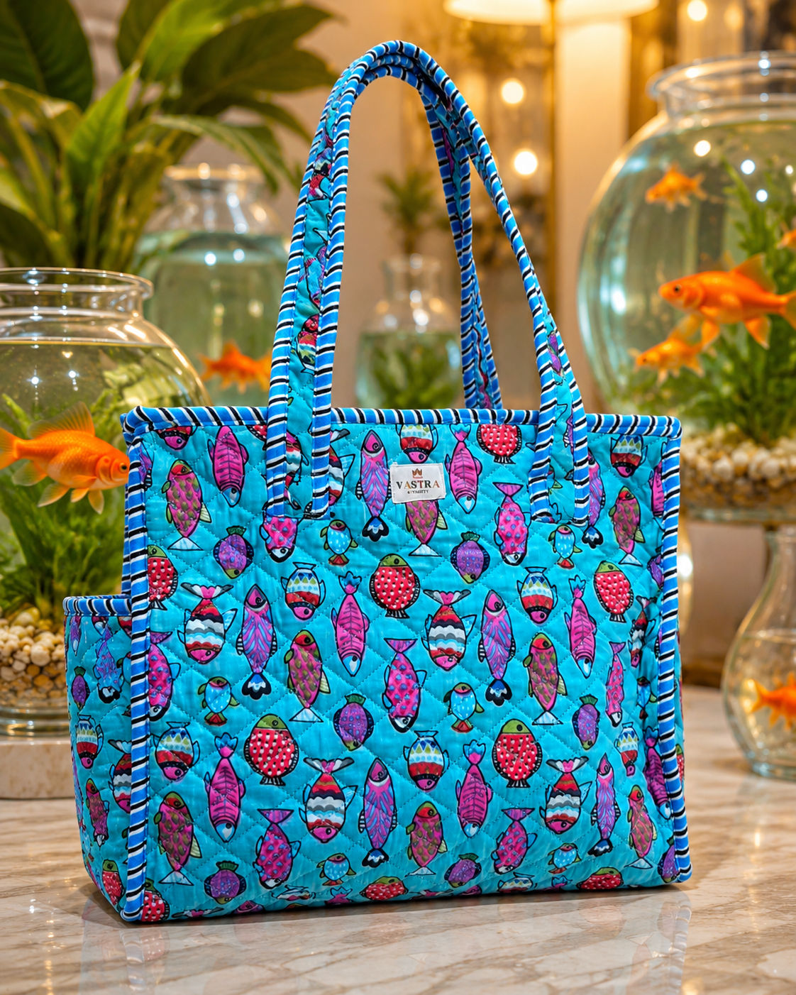 Colourful Fishes Sky-Blue Cotton Quilted Tote Bag