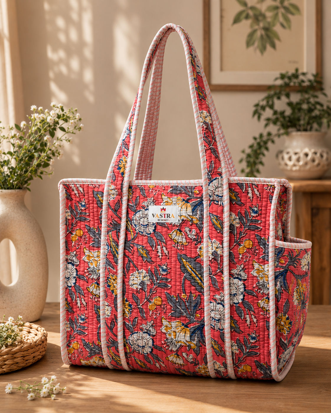 Coral Bloom Handblocked Cotton Quilted Tote Bag