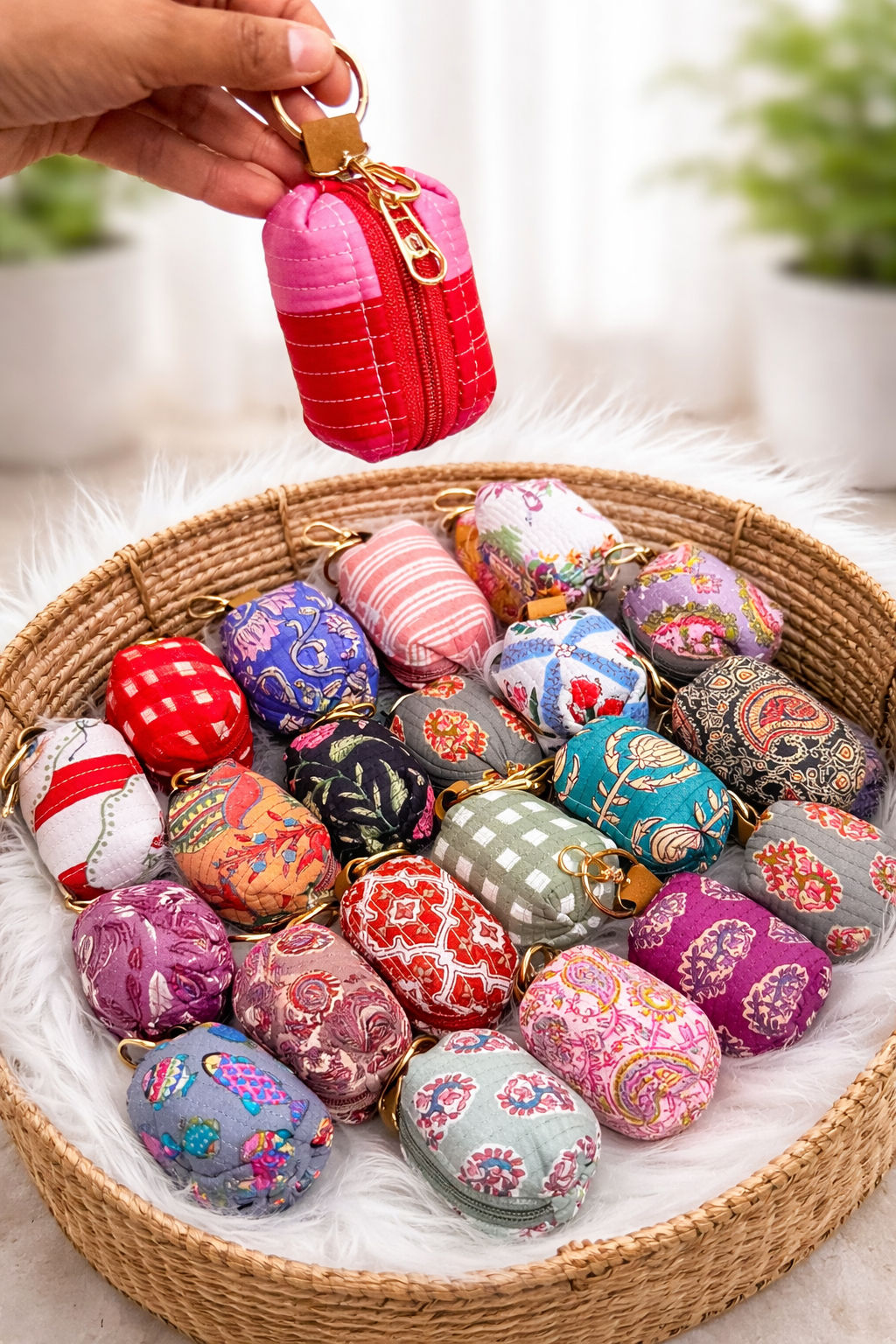 Cotton Handblocked Quilted Coin Pouch Keychain