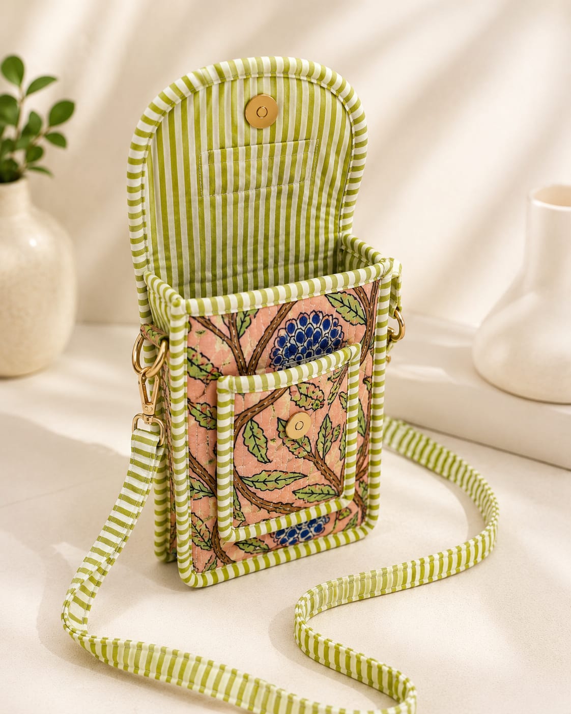 Custard Apple Bloom Handblocked Cotton Quilted Mobile Sling Bag