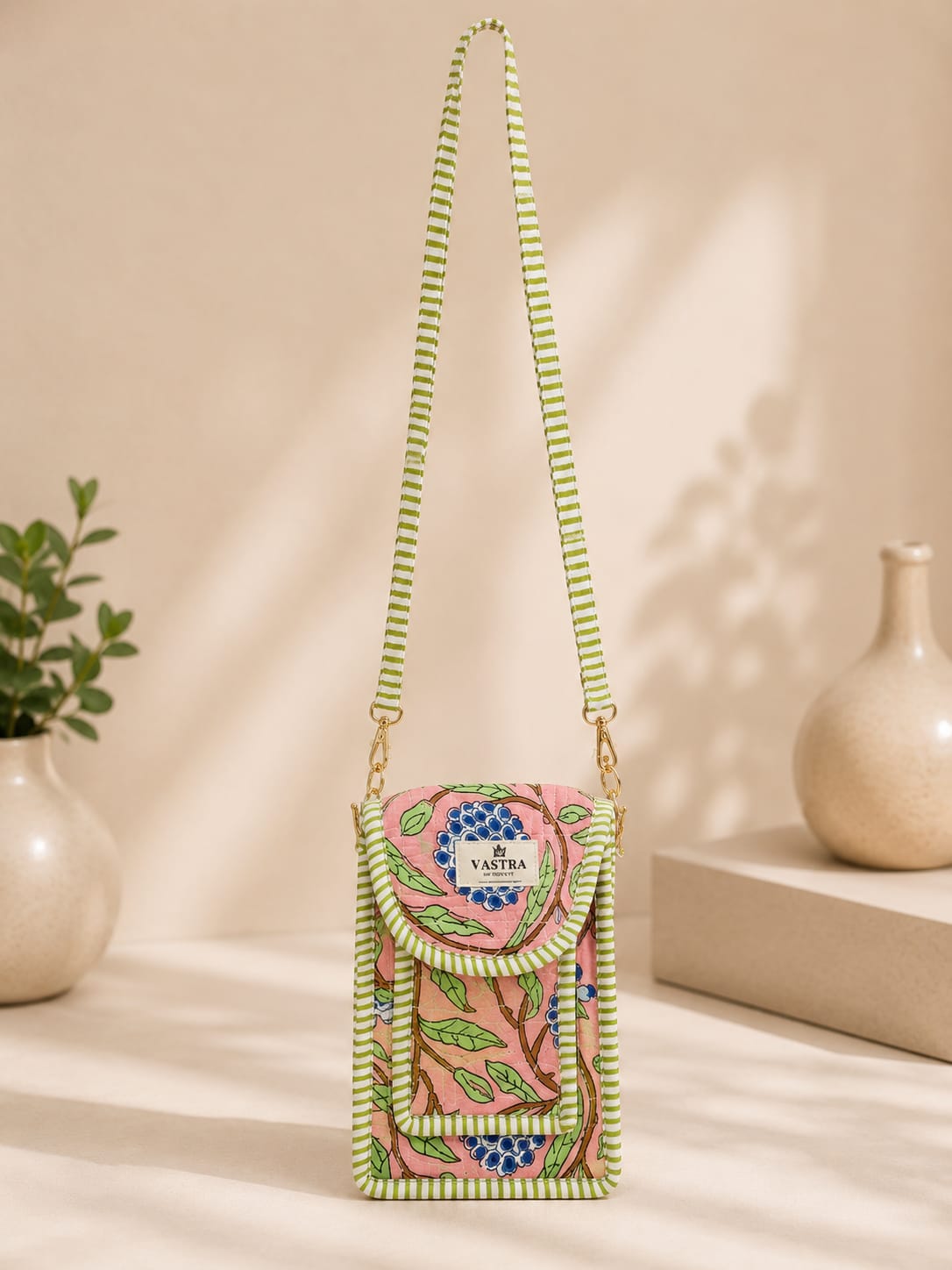 Custard Apple Bloom Handblocked Cotton Quilted Mobile Sling Bag