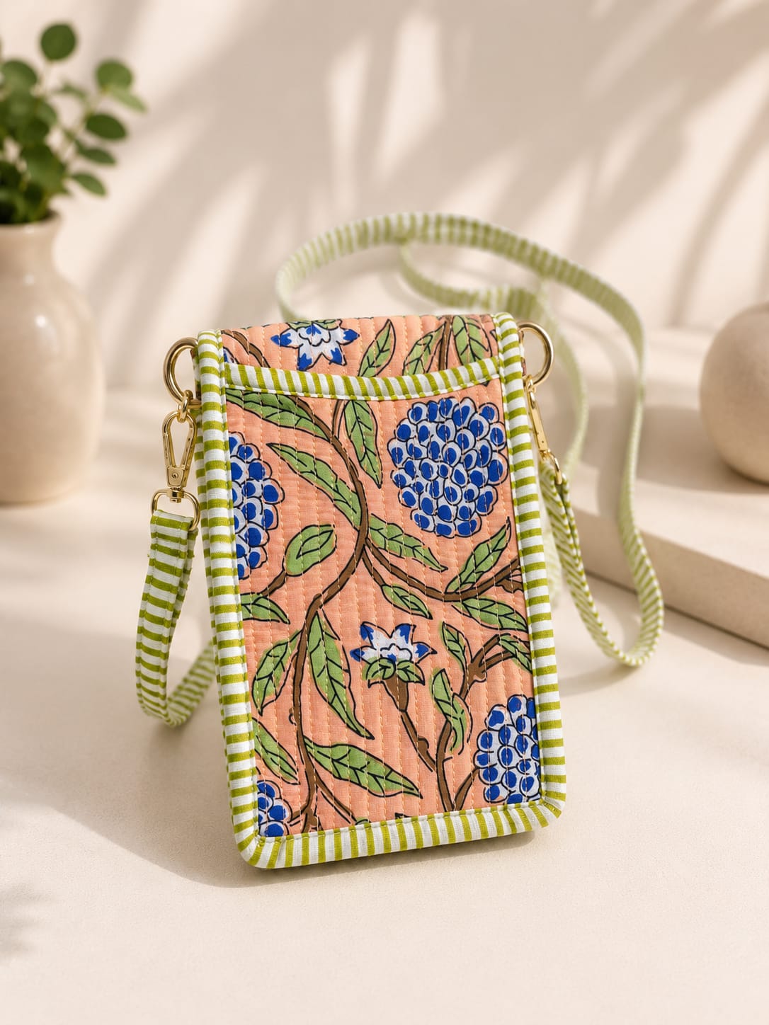 Custard Apple Bloom Handblocked Cotton Quilted Mobile Sling Bag