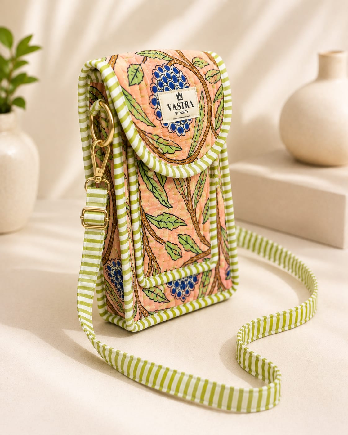 Custard Apple Bloom Handblocked Cotton Quilted Mobile Sling Bag