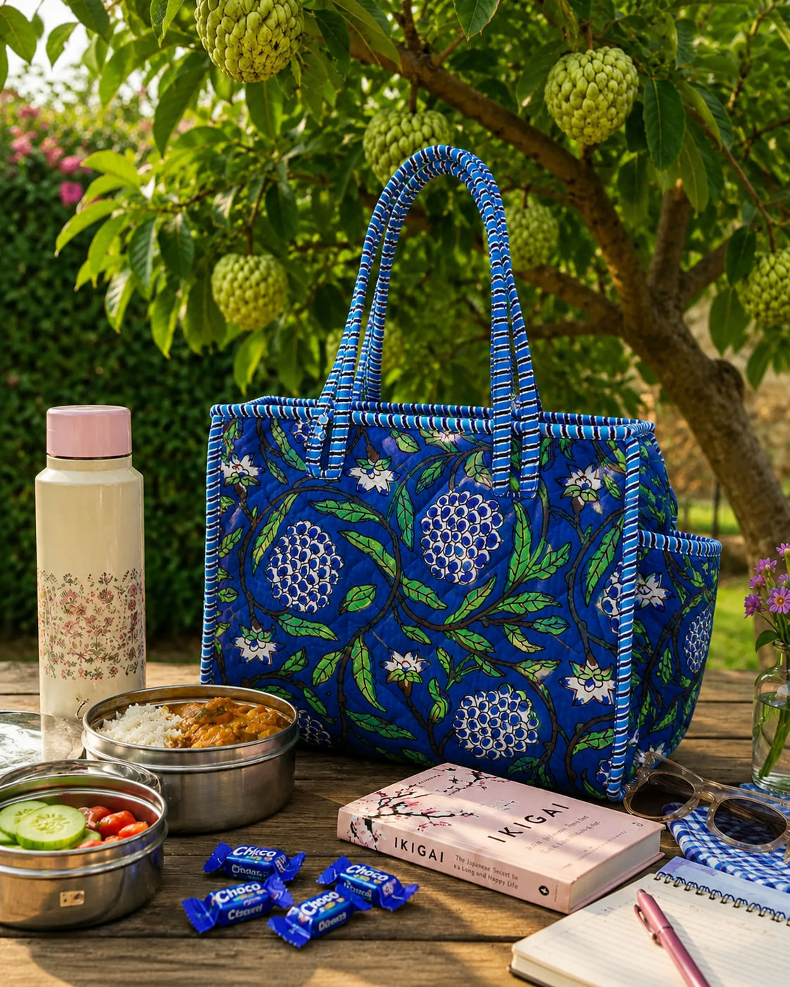 Blue Sitafal Cotton Quilted Tote Bag