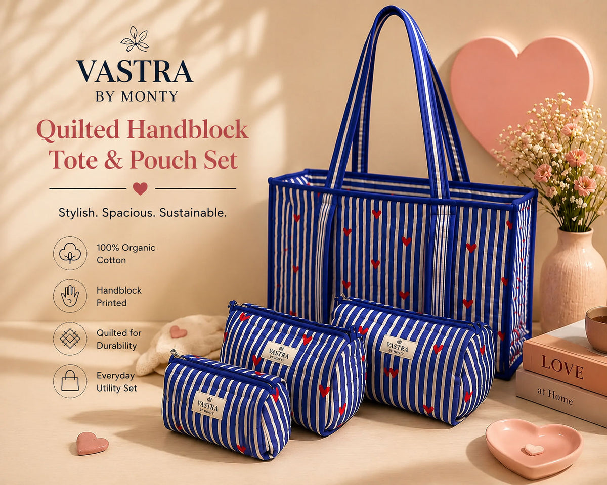 Large Blue Heart Stripes Tote Bag And Pouch Combo By Vastra By Monty