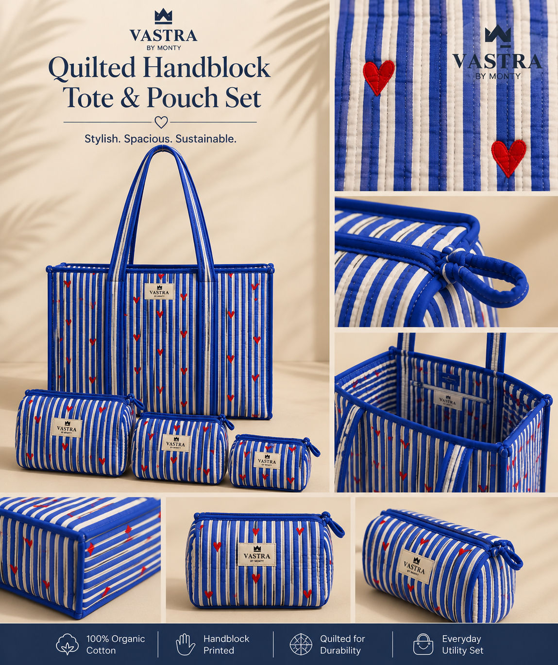 Large Blue Heart Stripes Tote Bag And Pouch Combo By Vastra By Monty