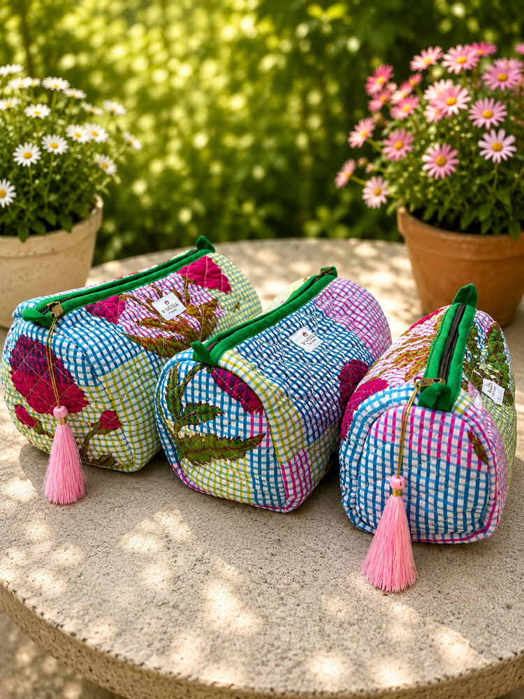 Floral Botanical Checked Pouch Set