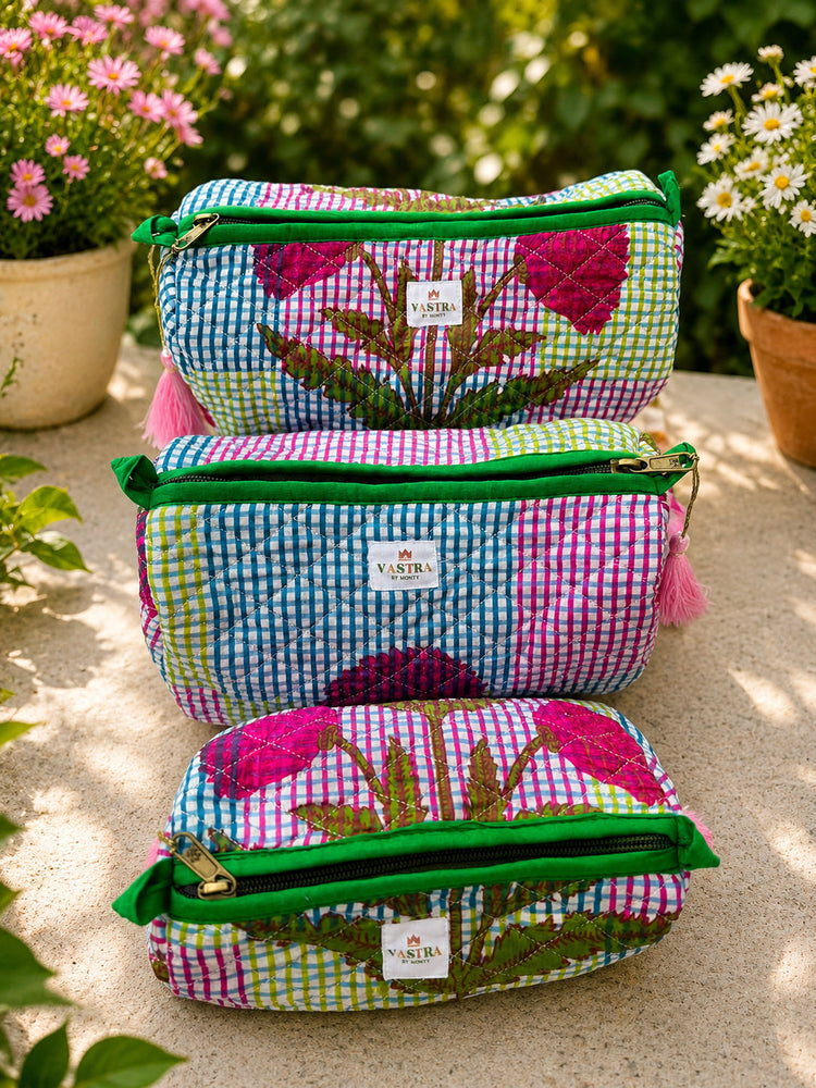 Floral Botanical Checked Pouch Set