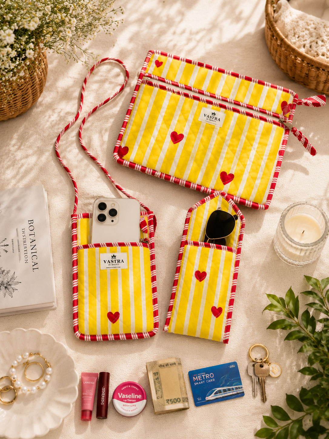 Yellow Heart Stripes Sling, Sunglass Case & Flat Pouch Combo