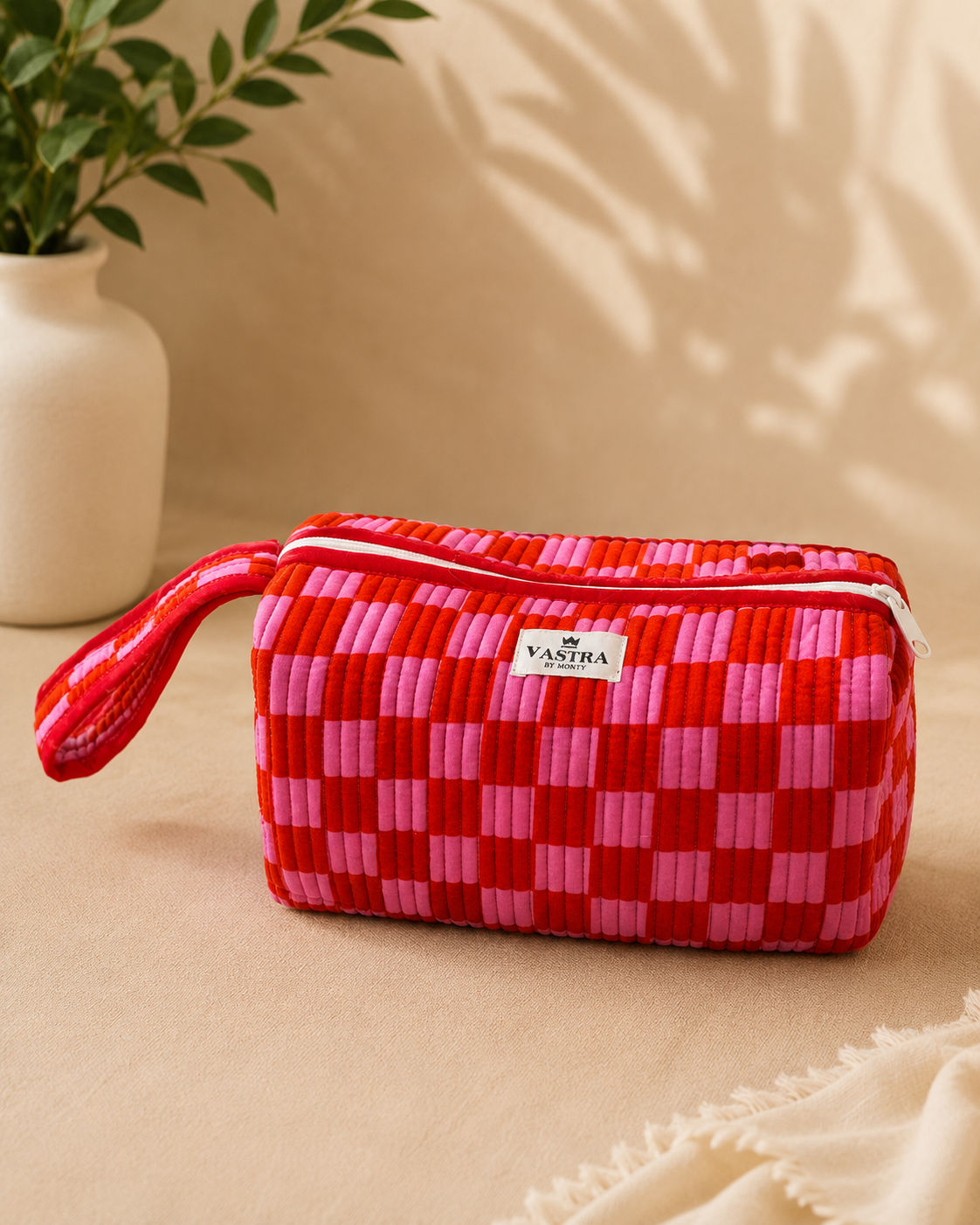 Signature Vanity & Tool Organizer — Red & Pink Check Handblocked Cotton Quilted