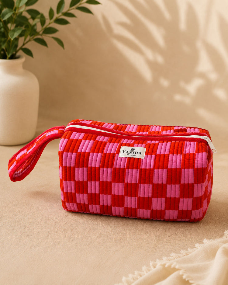 Signature Vanity & Tool Organizer — Red & Pink Check Handblocked Cotton Quilted
