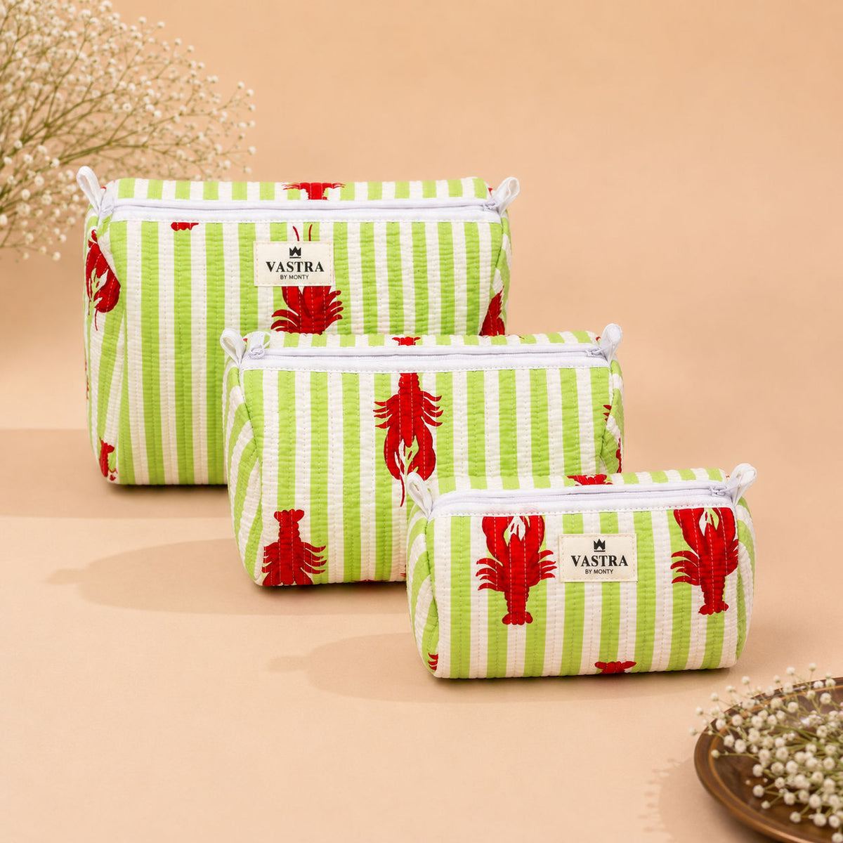 Green Stripe Lobster Print Cotton Quilted Pouch Set