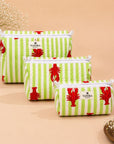 Green Stripe Lobster Print Cotton Quilted Pouch Set