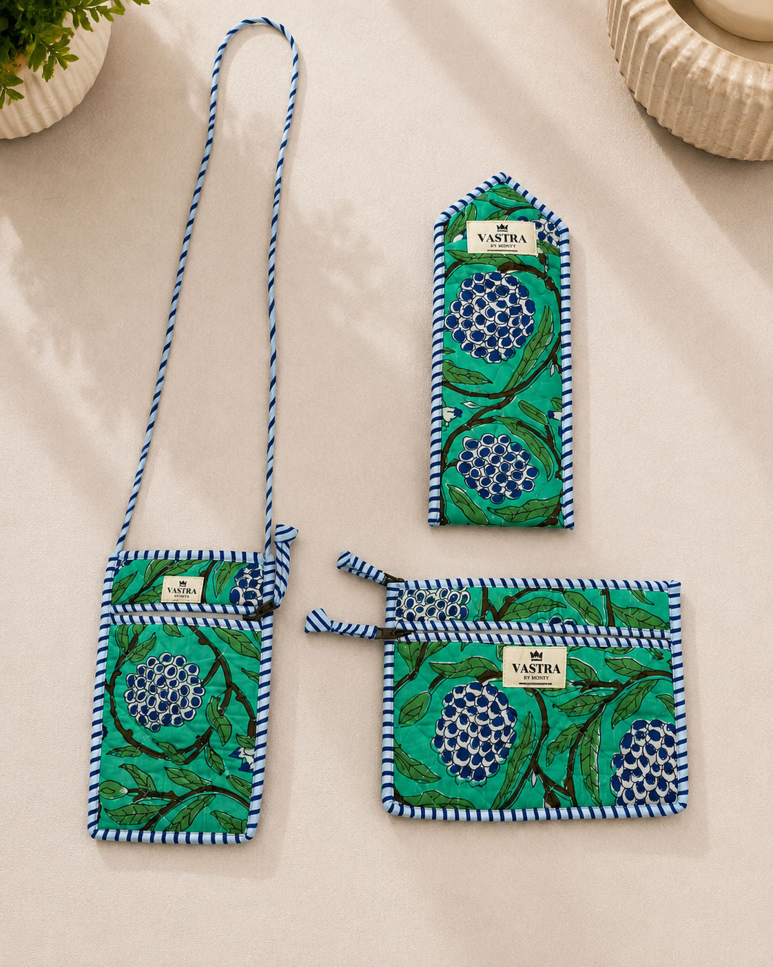 Green Custard Apple Sling, Sunglass Case & Flat Pouch Combo