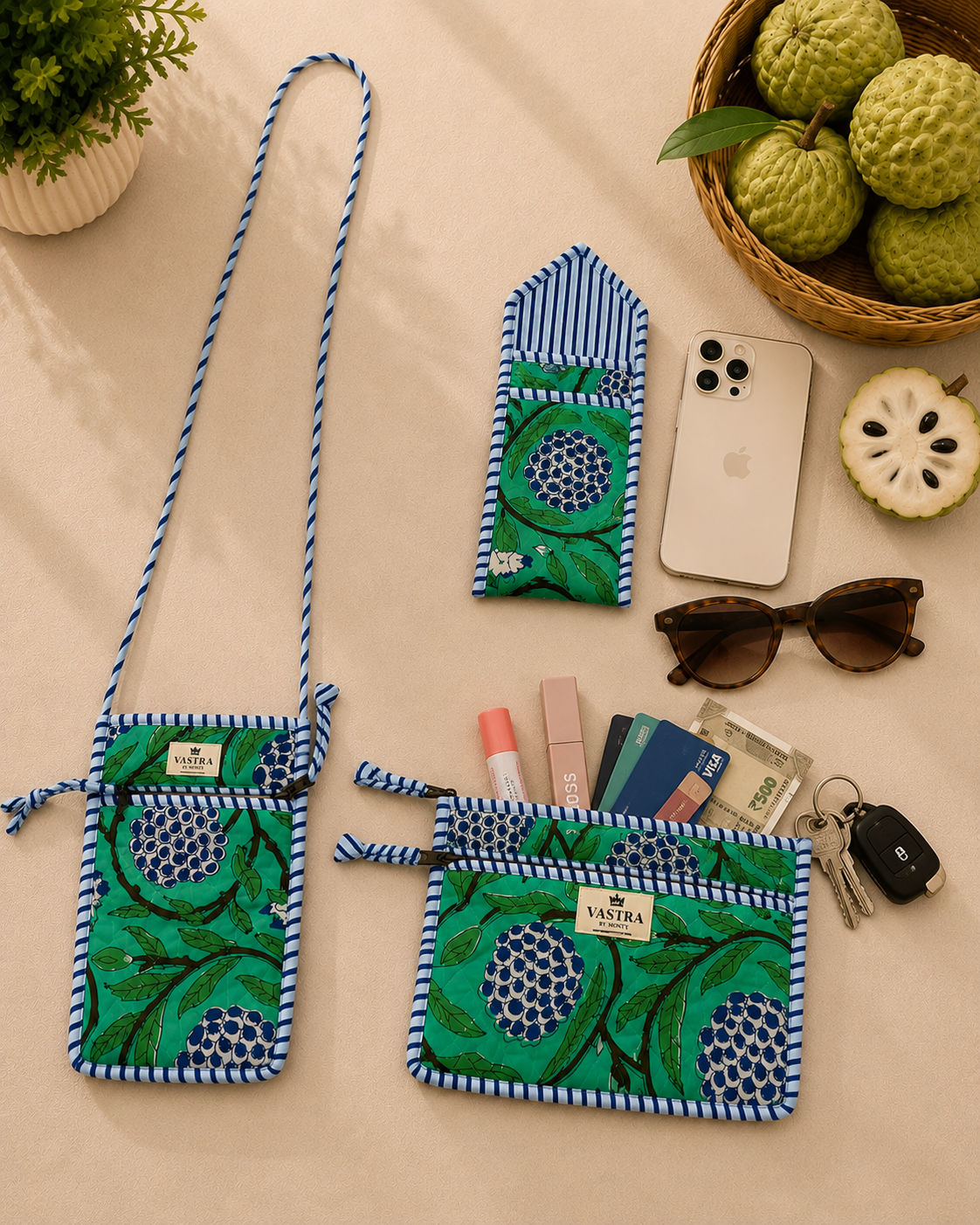 Green Custard Apple Sling, Sunglass Case & Flat Pouch Combo