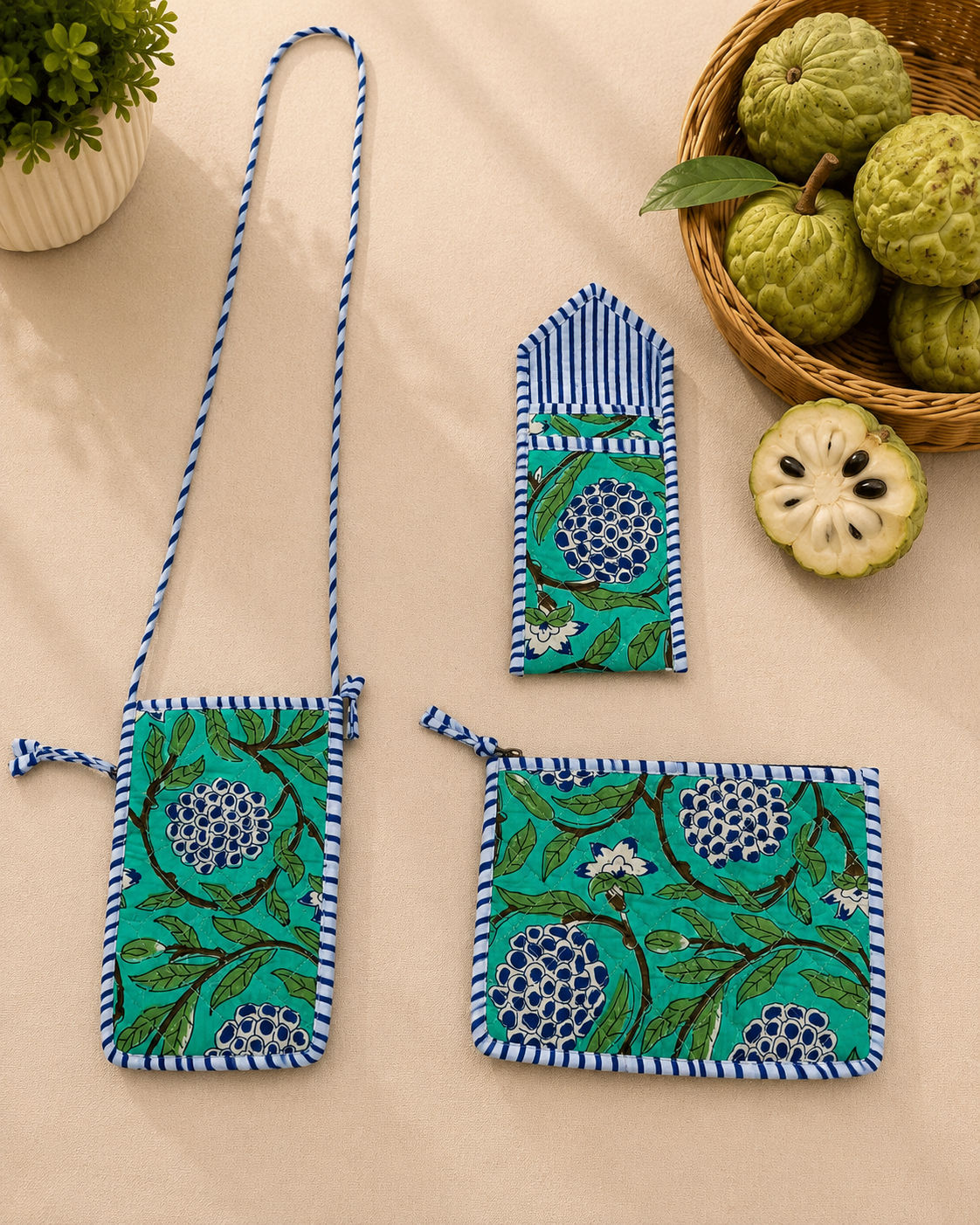 Green Custard Apple Sling, Sunglass Case & Flat Pouch Combo