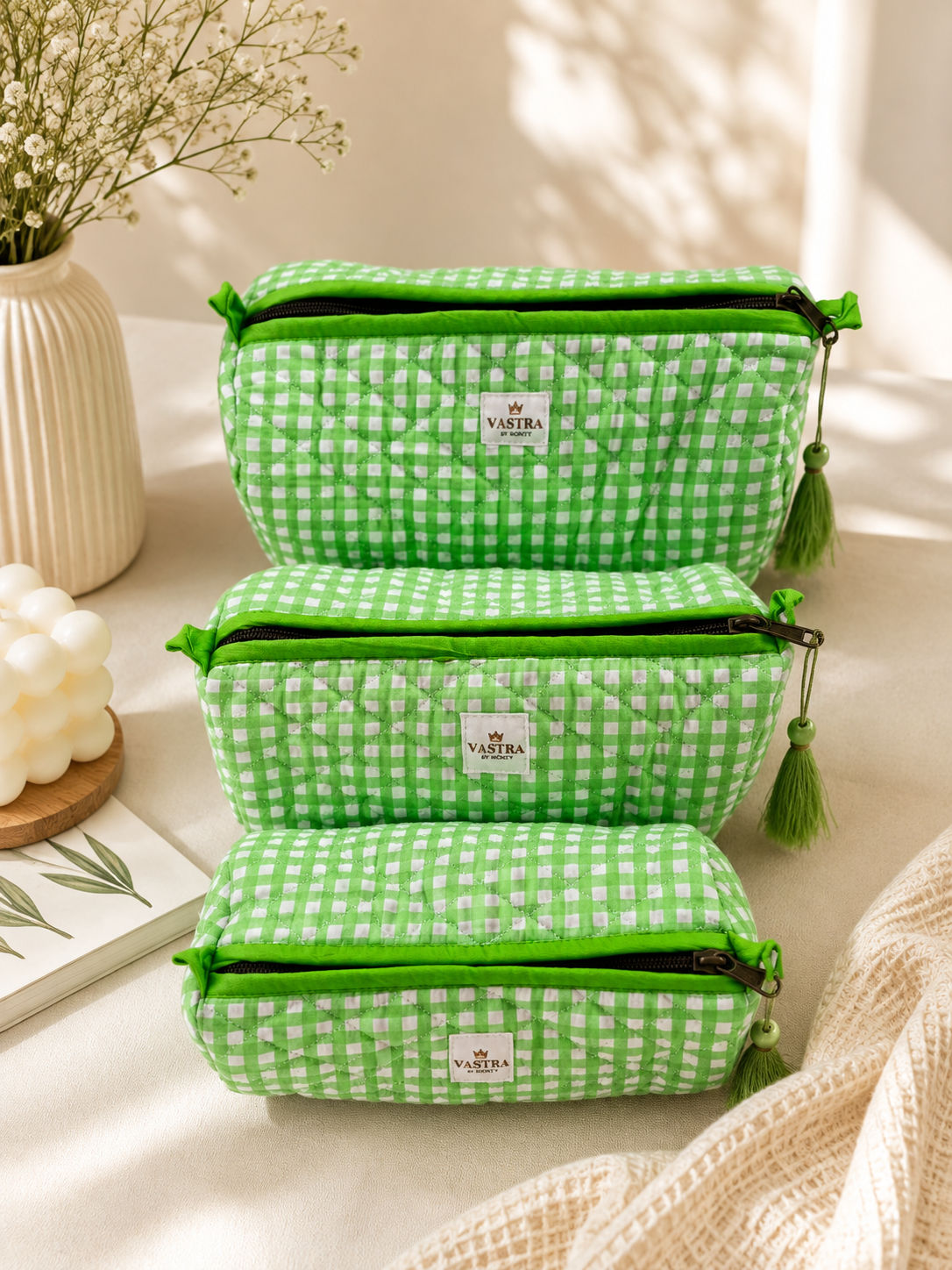 Green Gingham Pouch Set
