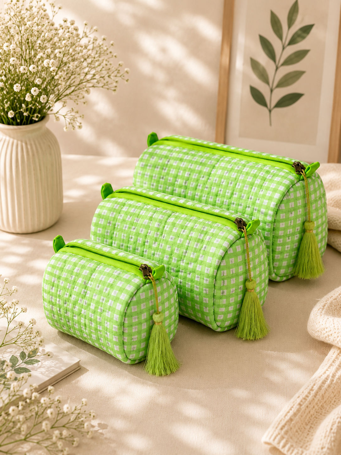 Green Gingham Pouch Set