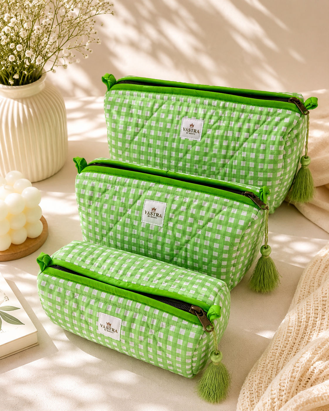 Green Gingham Pouch Set