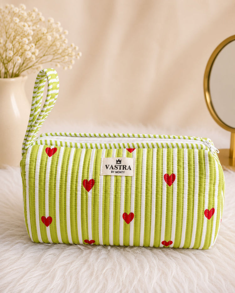 Signature Vanity & Tool Organizer — Green Heart Stripe Handblocked Cotton Quilted