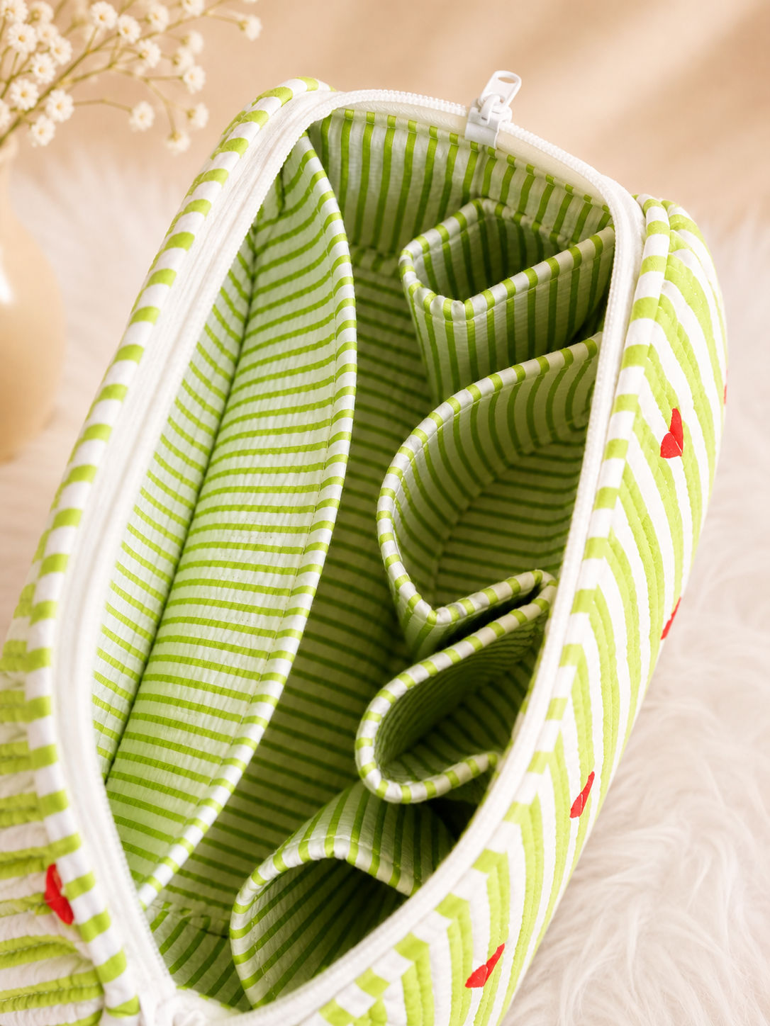 Signature Vanity & Tool Organizer — Green Heart Stripe Handblocked Cotton Quilted