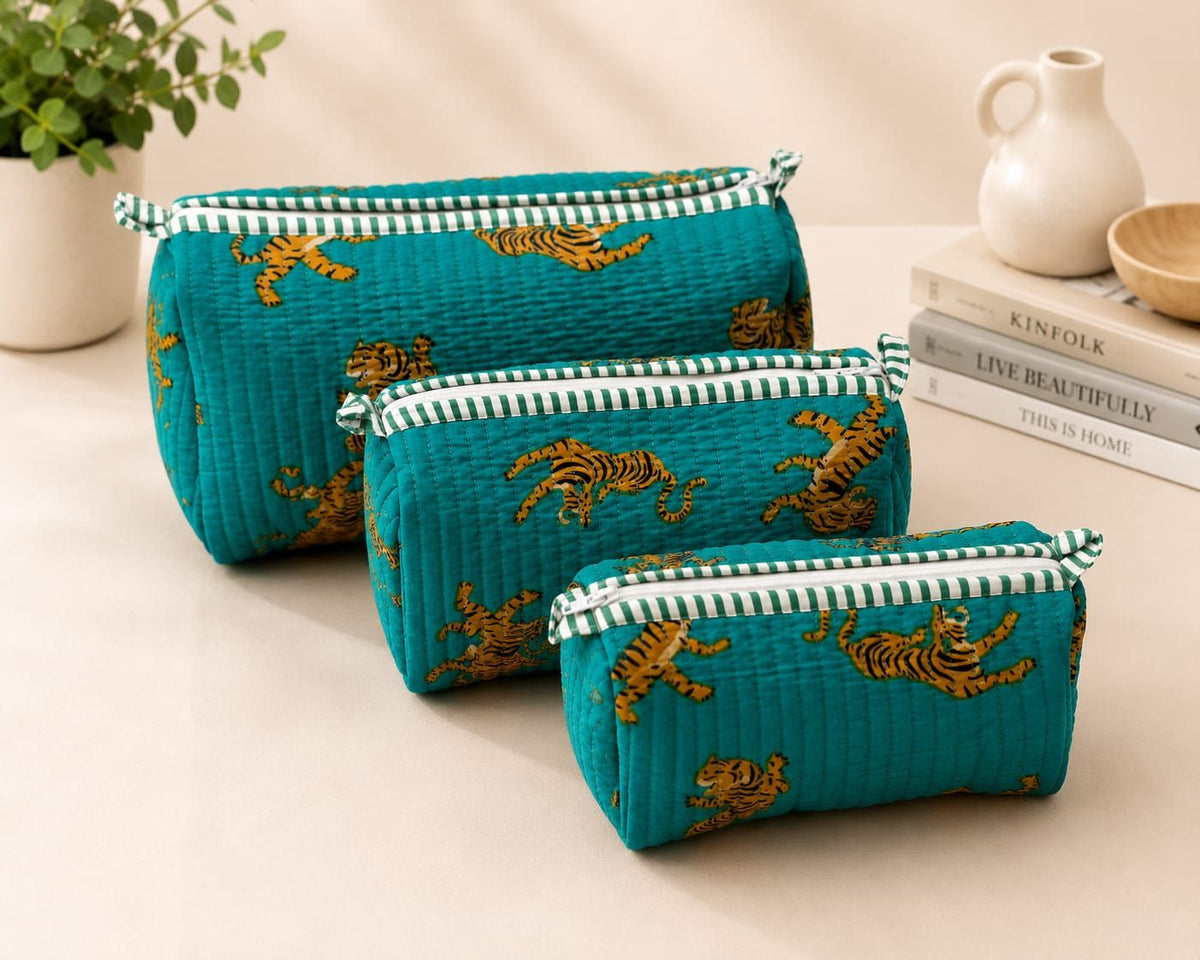 Green Leapord Handblocked Cotton Quilted Pouch