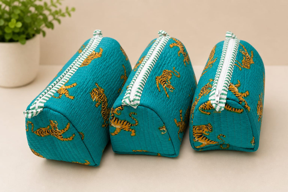 Green Leapord Handblocked Cotton Quilted Pouch