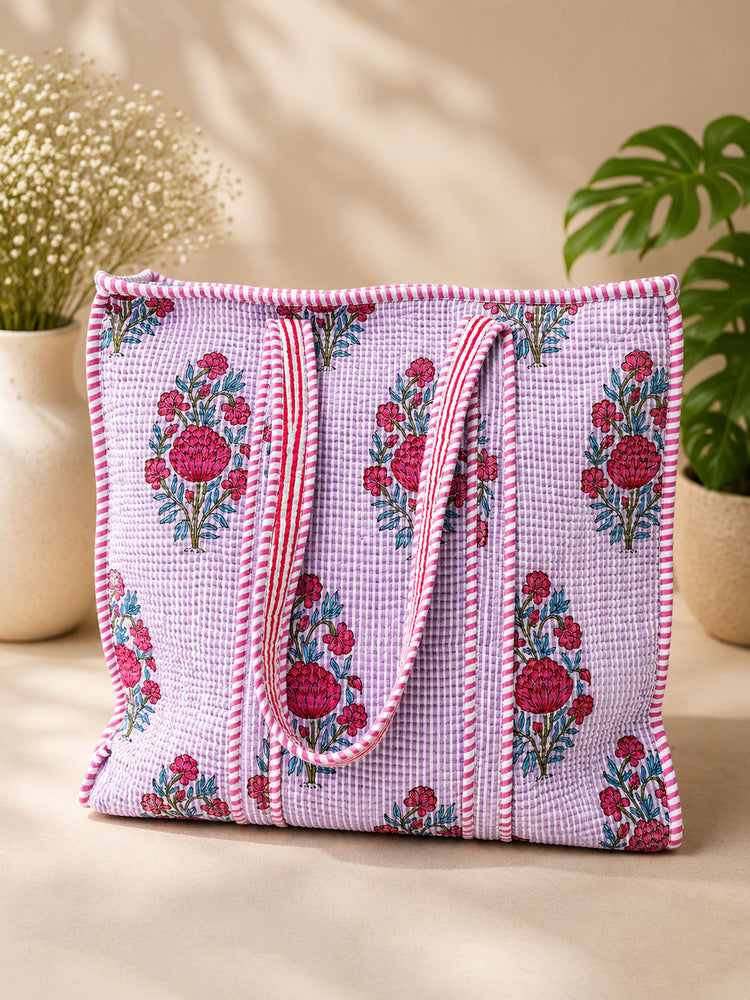 Lavender Striped Blossom Cotton Quilted Tote Bag