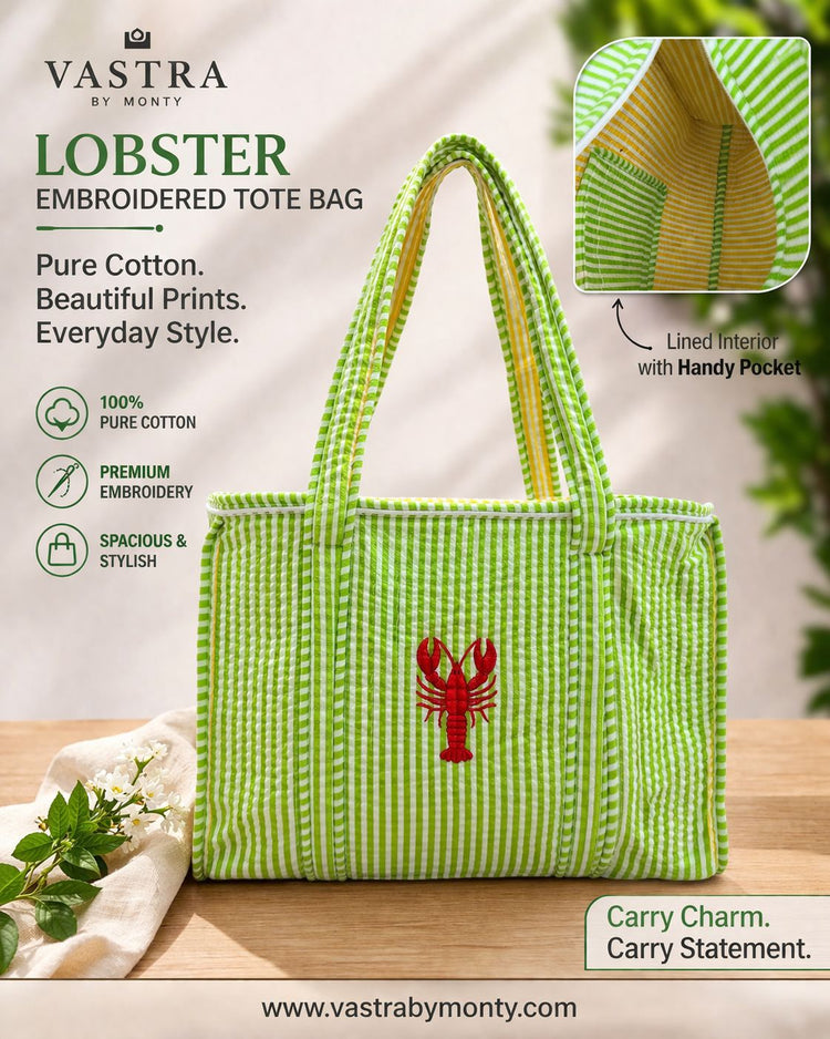 Lobster Charm Embroidered Cotton Tote Bag (Small)