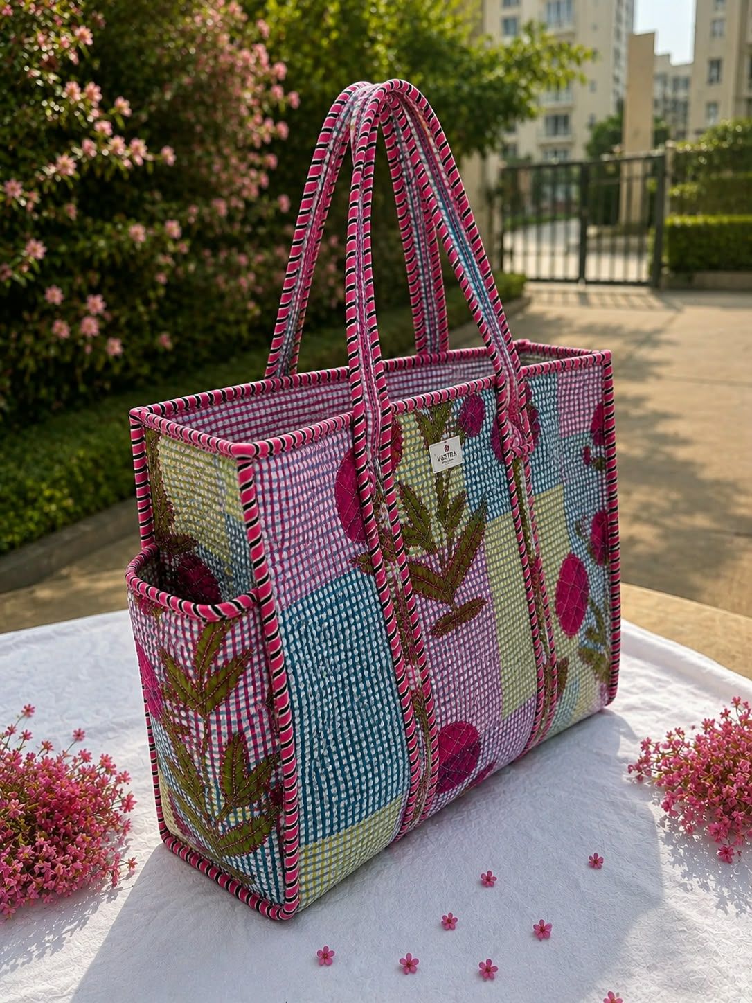 Floral Botanical Checked Tote Bag