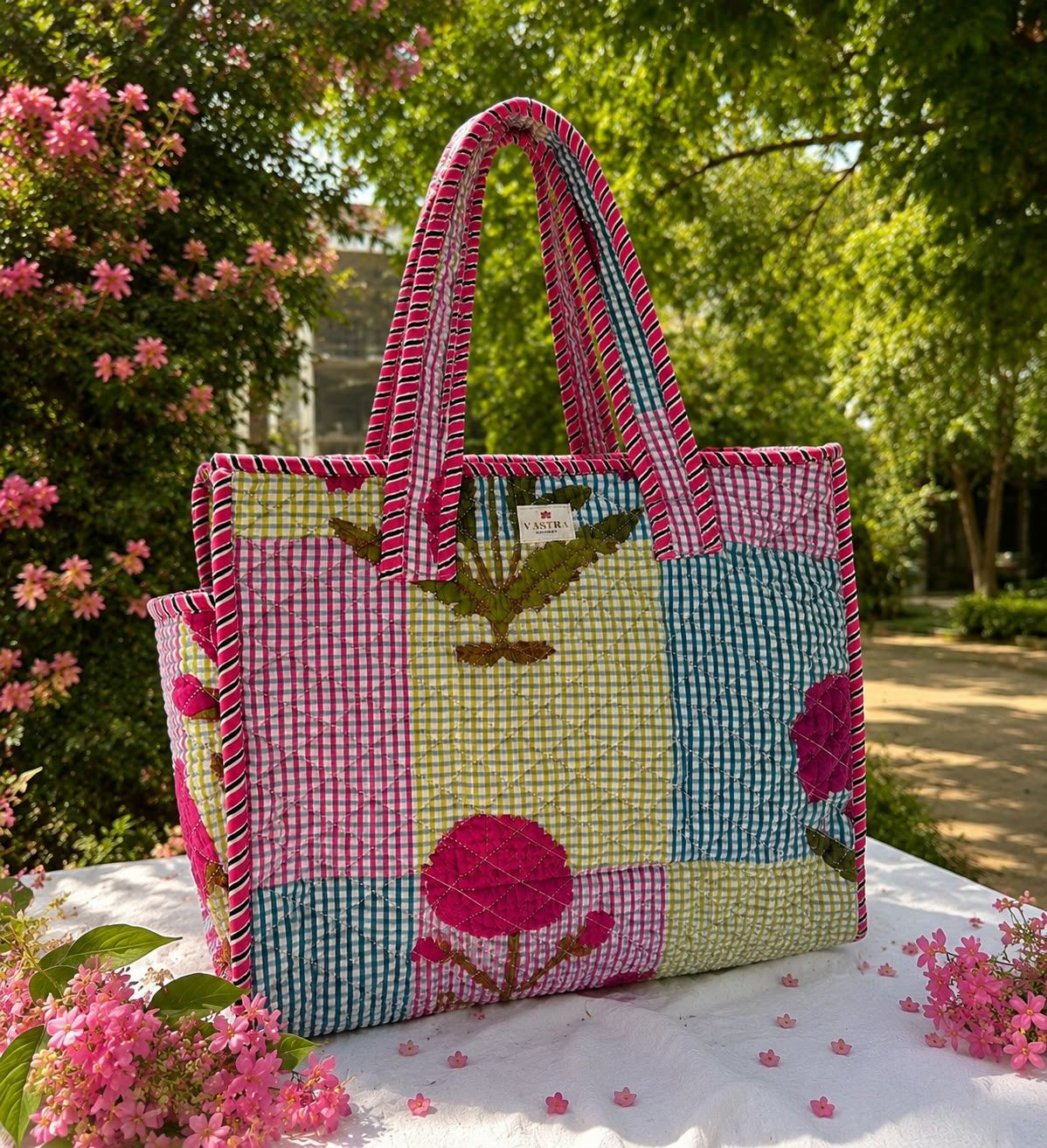 Floral Botanical Checked Tote Bag