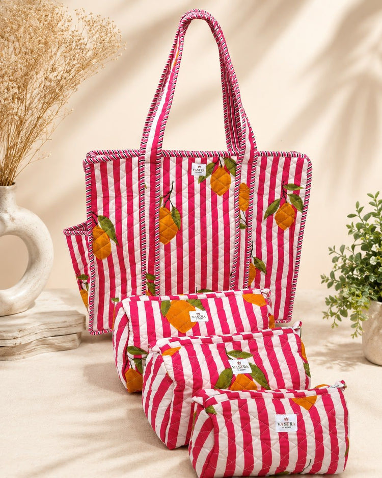 Medium Pink Lemon Tote & Pouch Combo