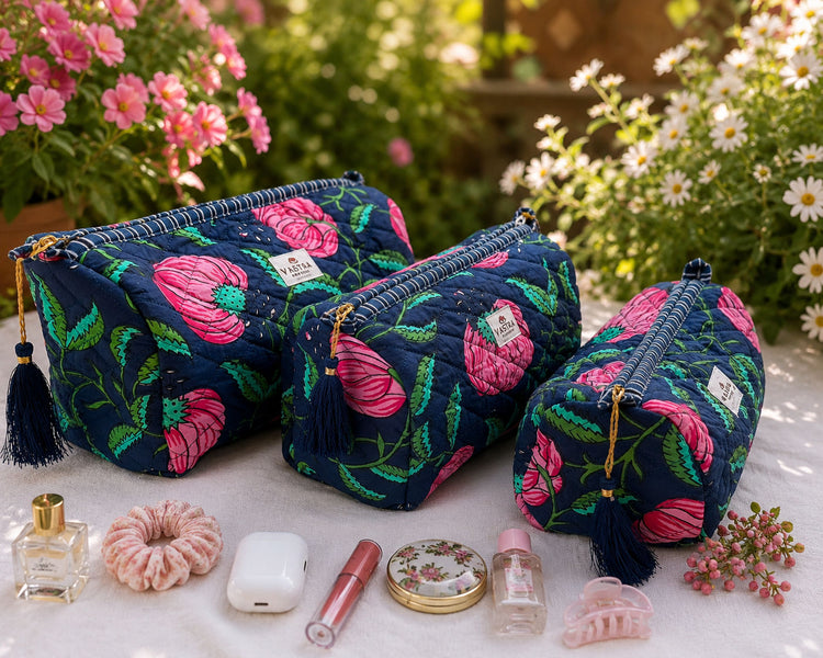 Navy Blue-Blossom Cotton Quilted Set Of 3 Pouch
