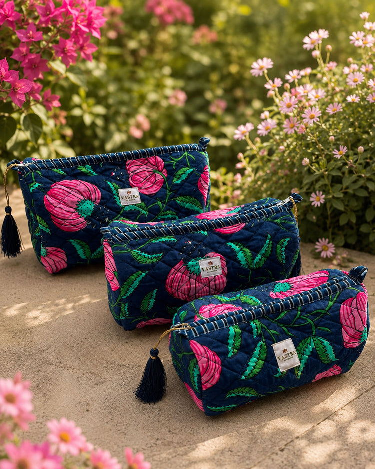 Navy Blue-Blossom Cotton Quilted Set Of 3 Pouch